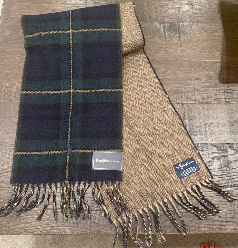 Vintage Polo Ralph Lauren Wool Scarf NWT Reversible Plaid Herringbone Made Italy